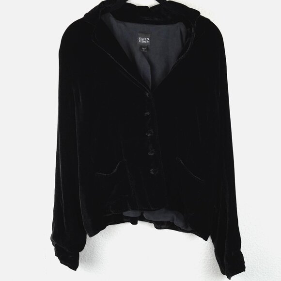 Eileen Fisher Black‎ Velvet Button Front Jacket Small Silk Blend Lined - Picture 1 of 12